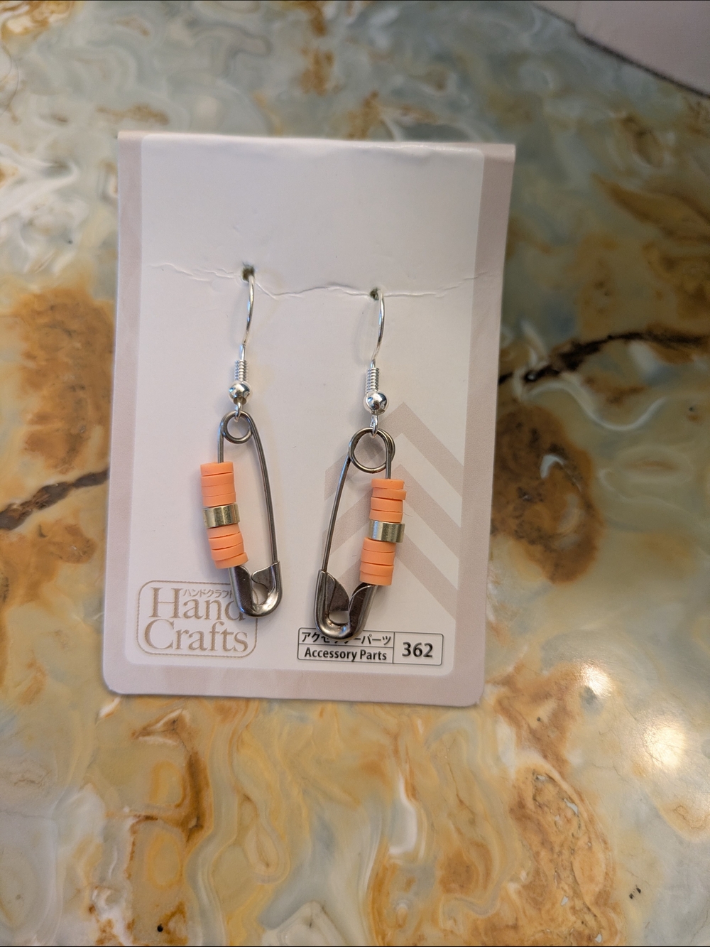Safety Pin Dangle Earrings With Gold And Orange Beads